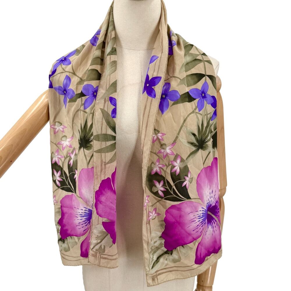 Vintage Y2K Oscar de la Renta Beige Silk Purple Violet Floral Long Scarf